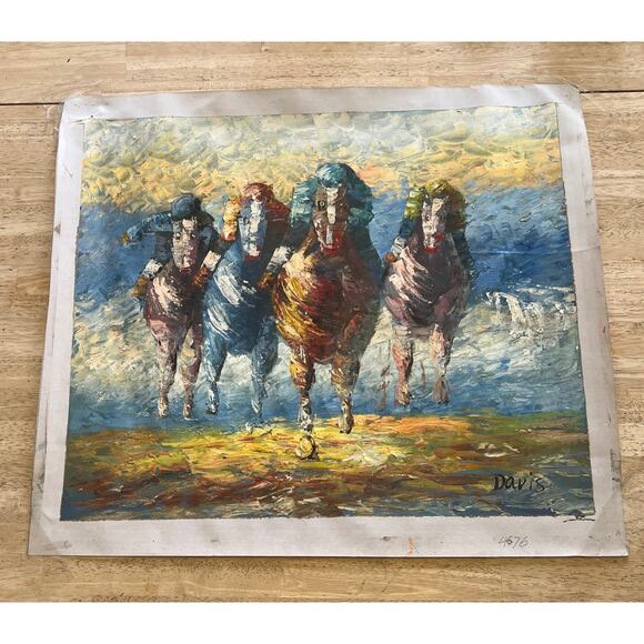 Horse Racing Painting Oil On Canvas Original Signed Davis Vintage Impressionist - Picture 11 of 11